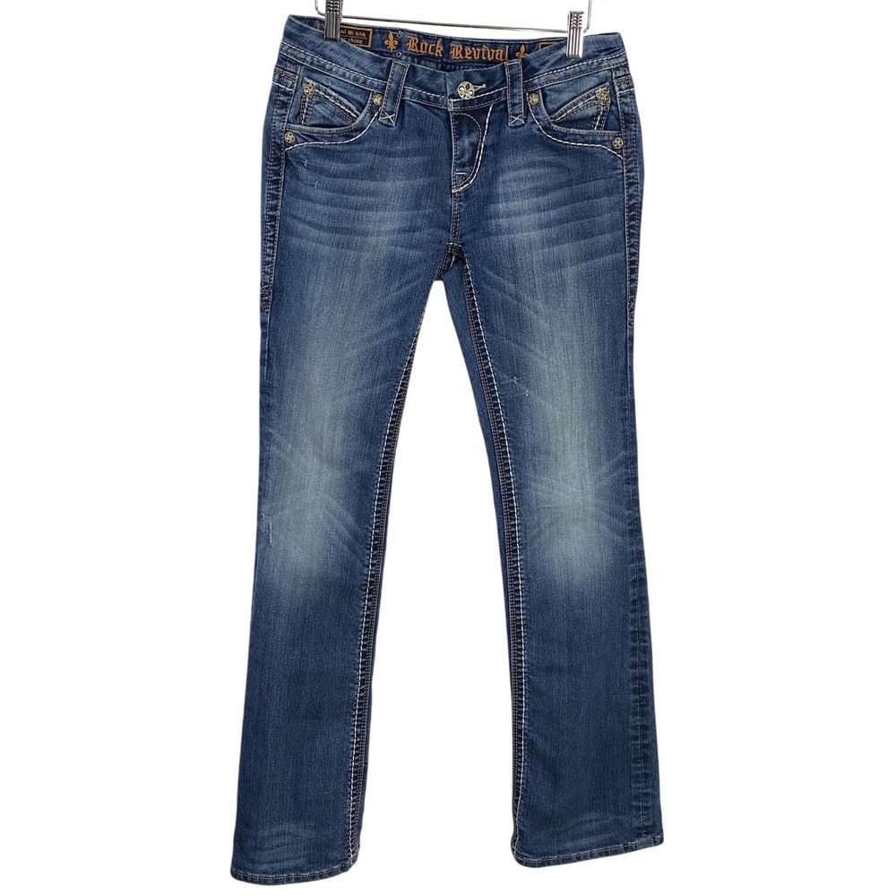Rock Revival Jeans‎ Womens 27 Blue Leah Easy Boot Embroidered Fleur-de-Lis Denim